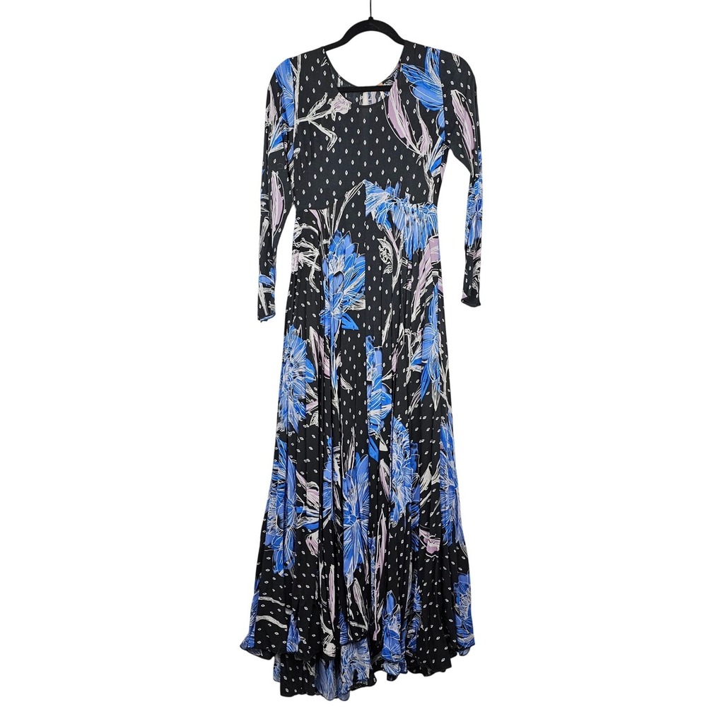 Free People First Kiss Floral Maxi Dress Black Blue Purple Boho Festival Size XS